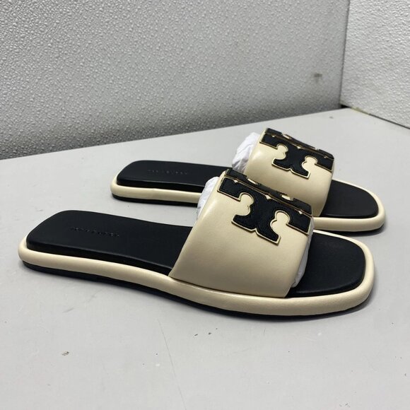 NEW TORY BURCH Women's Double T Sport Slide Sandal – Cream/Black/Gold – Size 7.5 - Picture 9 of 10